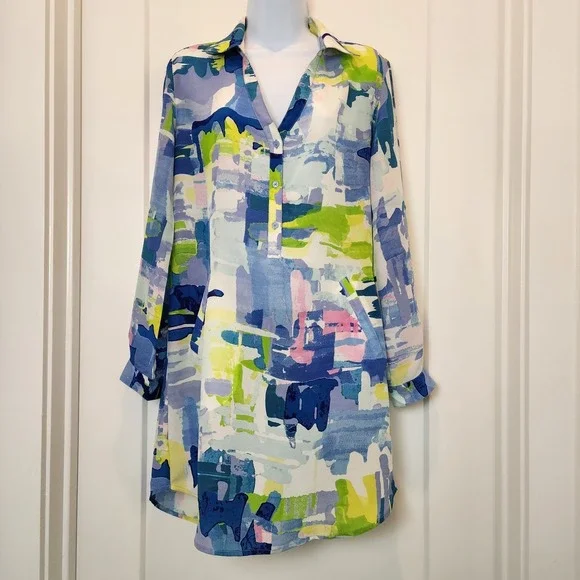 Tori Richard Silk Tunic Dress Top 2 Abstract Roll Tab Resort Lux Vacation Beach - Picture 3 of 16